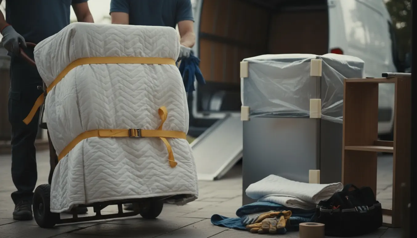 Hvidevarer og lette møbler pakket på dolly og klargjort ved en åben flyttebil.