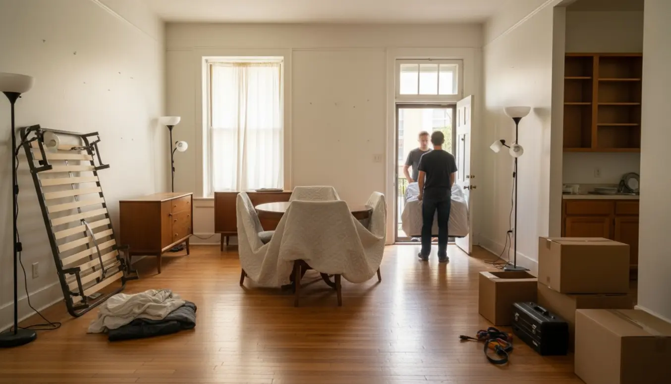Tømt lejlighed under rydning af dødsbo med stablede møbler og flyttekasser ved døren.