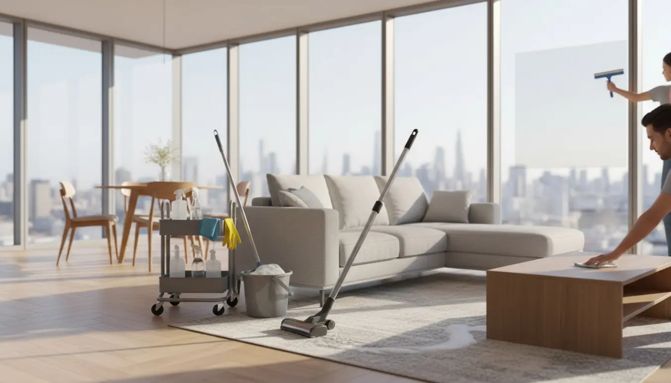 Lys moderne lejlighed på 130 m² under rengøring med støvsuger, moppe og rengøringsvogn.