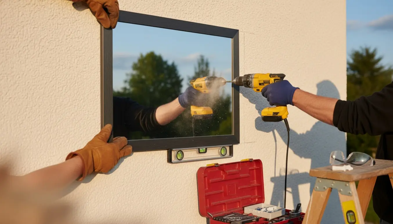 Hænder hænger et stort spejl op på en ydervæg med slagboremaskine, murplugge og vaterpas.