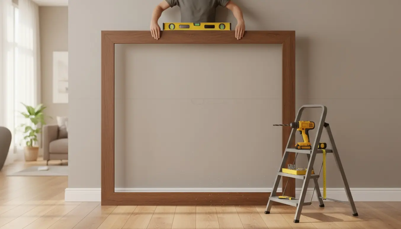 Stor billedramme hænges på en væg, hænder justerer vaterpas mens boremaskine og skruer ligger klar.