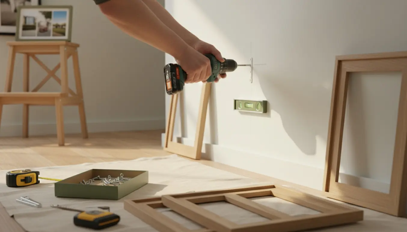 Nærbillede af hænder, der sætter skruer og forbereder ophængning af billedrammer på en væg.