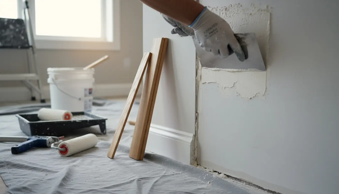 Hænder spartler en væg indvendigt med lister og værktøj i baggrunden.