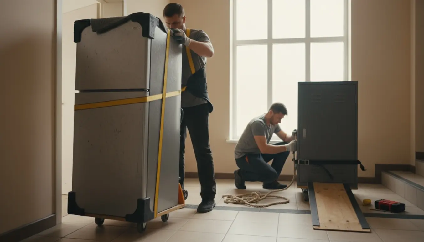 To personer løfter et køleskab og sikrer et stålskab på en trappeopgang fra tredje sal.