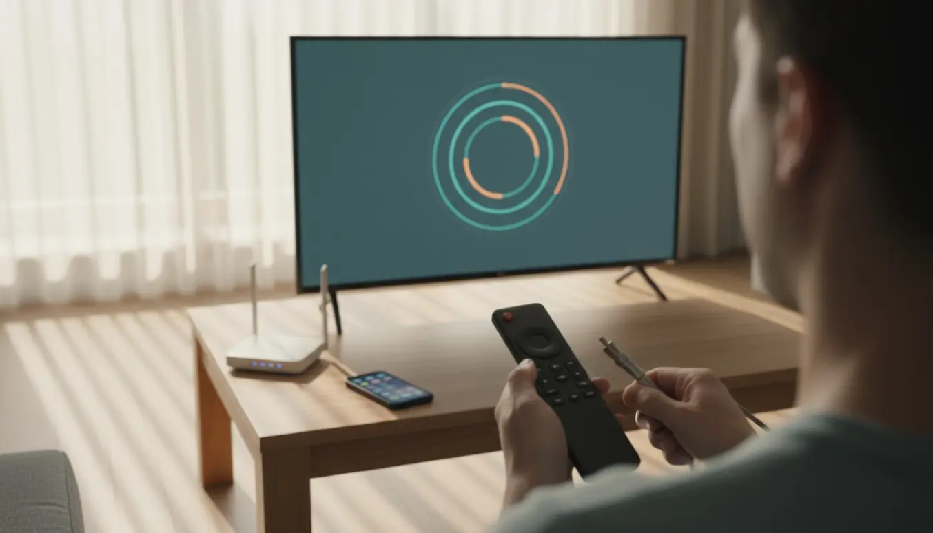 En person indstiller kanaler på et moderne smart-tv med fjernbetjening og router i stuen.