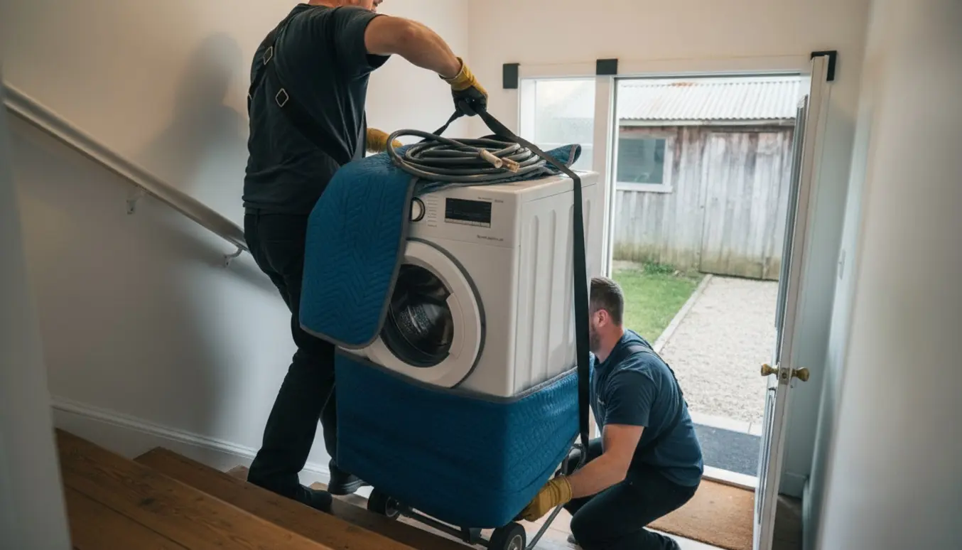 To flyttemænd bærer en tung vaskemaskine ned ad en smal trappe mod et skur ved hoveddøren.