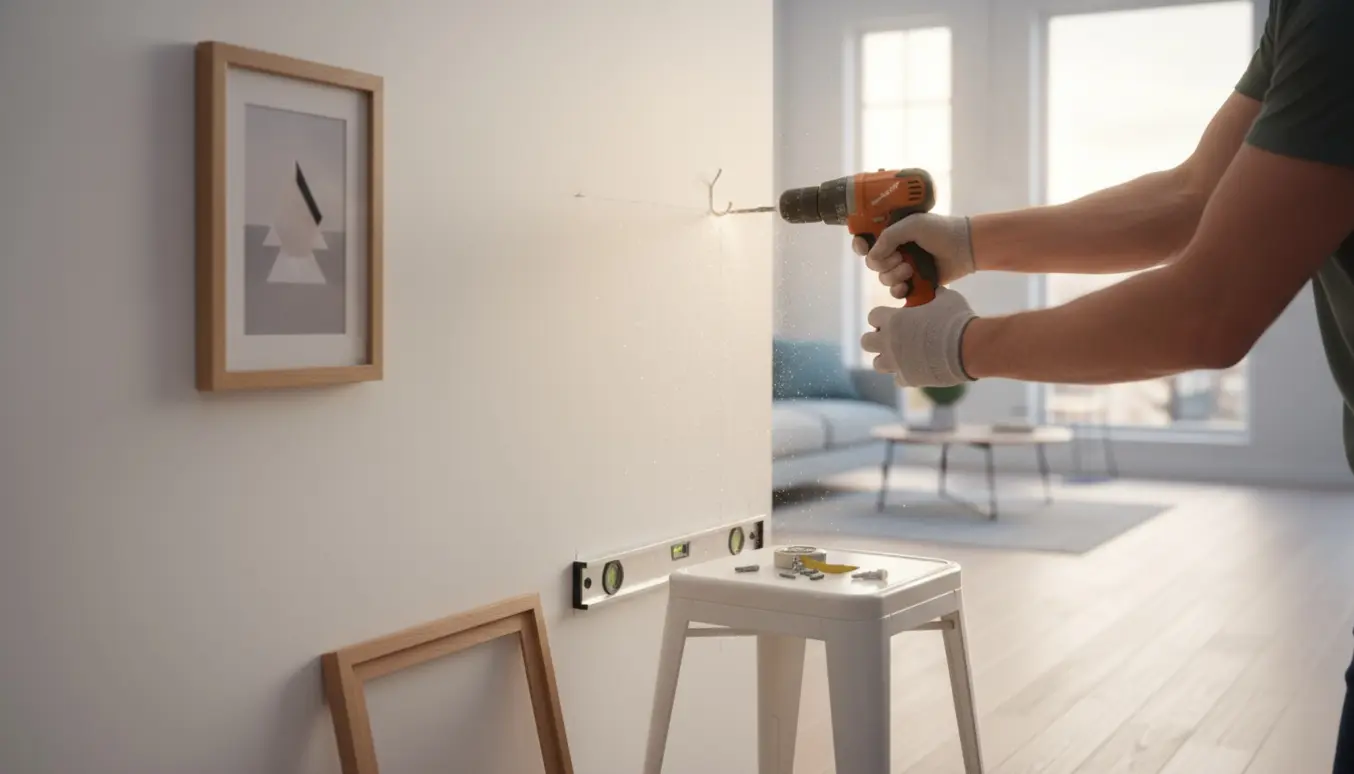Hænder bruger en boremaskine til at montere en tøjkrog ved siden af billedrammer på en neutral væg.