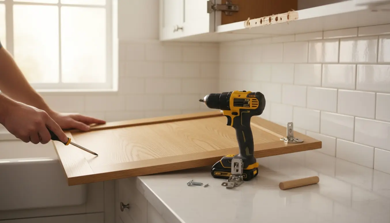 Nærbillede af en aftaget køkkenskabslåge med løst beslag, værktøj og synlige ødelagte skruehuller.