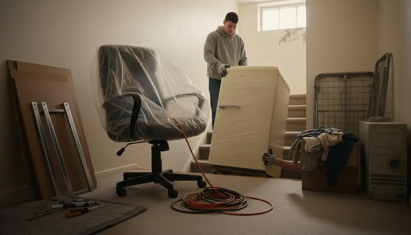 Køleskab på flyttevogn i kældertrappe med adskilte skrivebordsdele, tøj og en gammel PC klar til bortskaffelse.