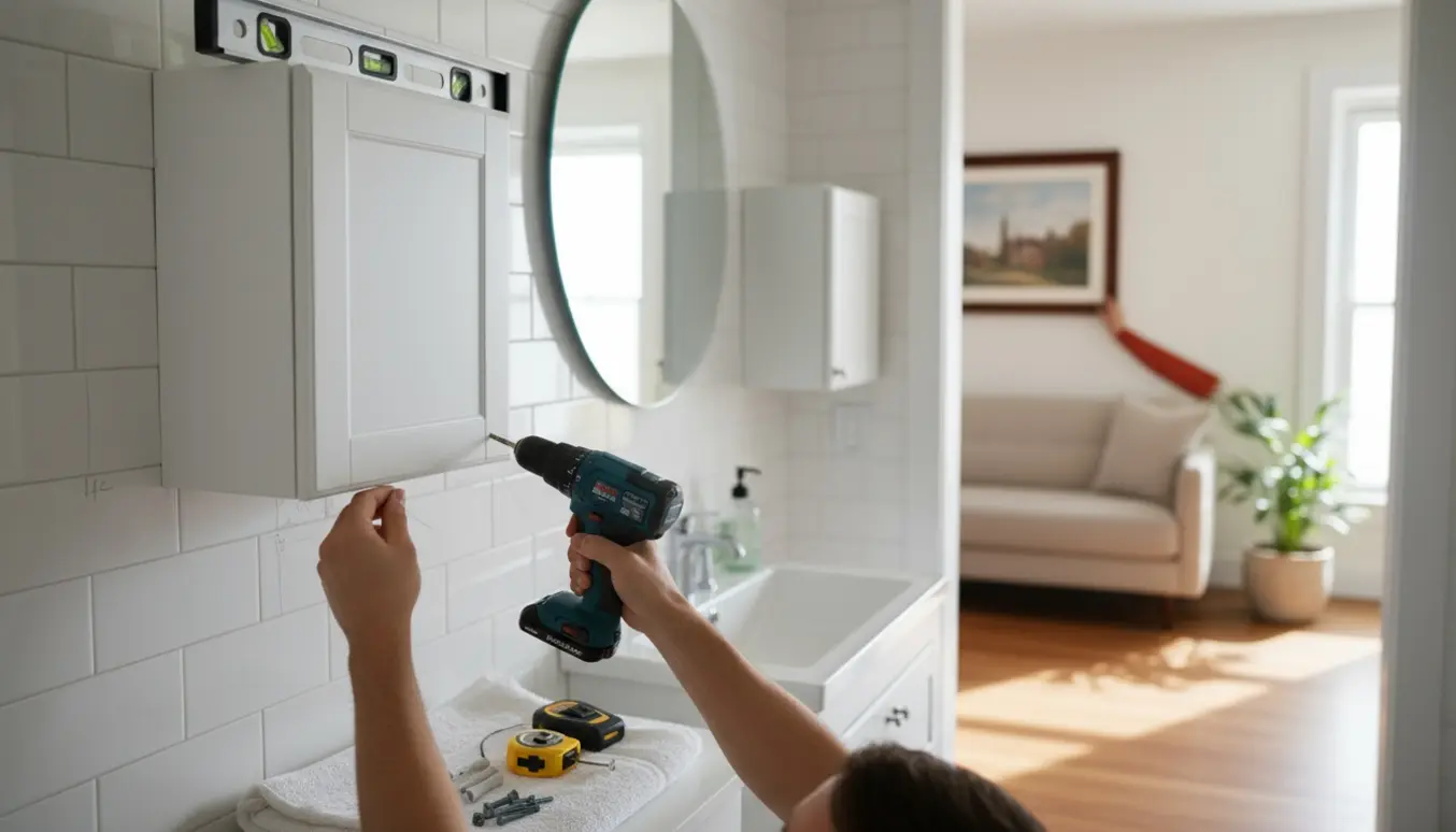 Hænder monterer et lille badeværelsesskab med værktøj i forgrunden og et ophængt billede i den tilstødende stue.