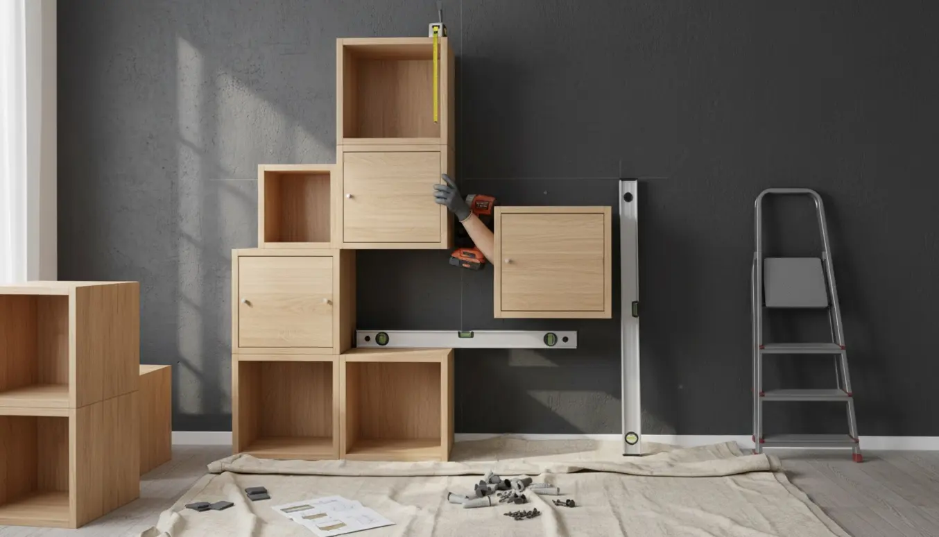 Hænder monterer tre store og tre små kubiske bogkasser på en koksfarvet væg med boremaskine og værktøj.