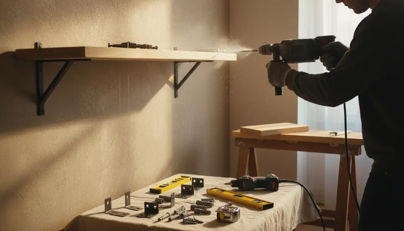 Nærbillede af en slagboremaskine, der borer i en bærende væg, mens tre hylder monteres.