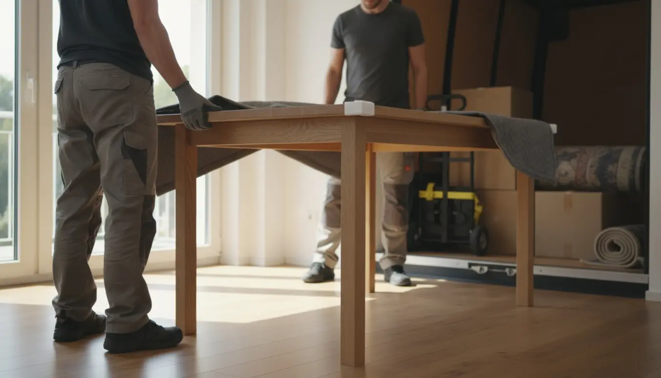 To flyttemænd bærer et enkelt langt spisebord ind i en flyttebil, beskyttet med tæpper og hjørnebeskyttere.