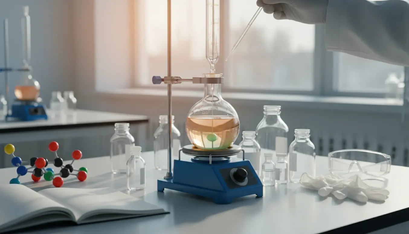 Laboratoriebænk med refluxopsætning og en farveskiftende opløsning ved oxidation af alkoholer.