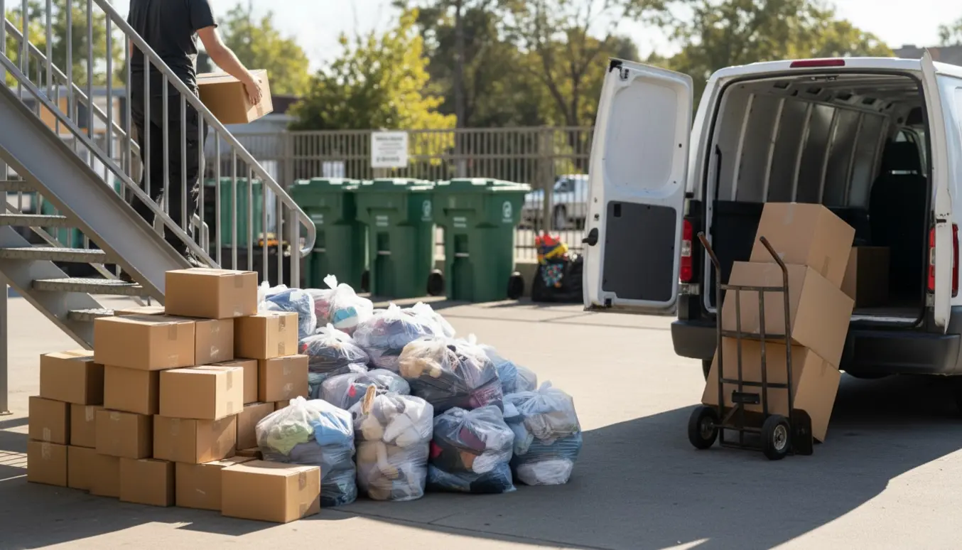 Stak med små papkasser og klare plastposer ved udendørs trappe og åben varevogn klar til bortkørsel til genbrugspladsen.
