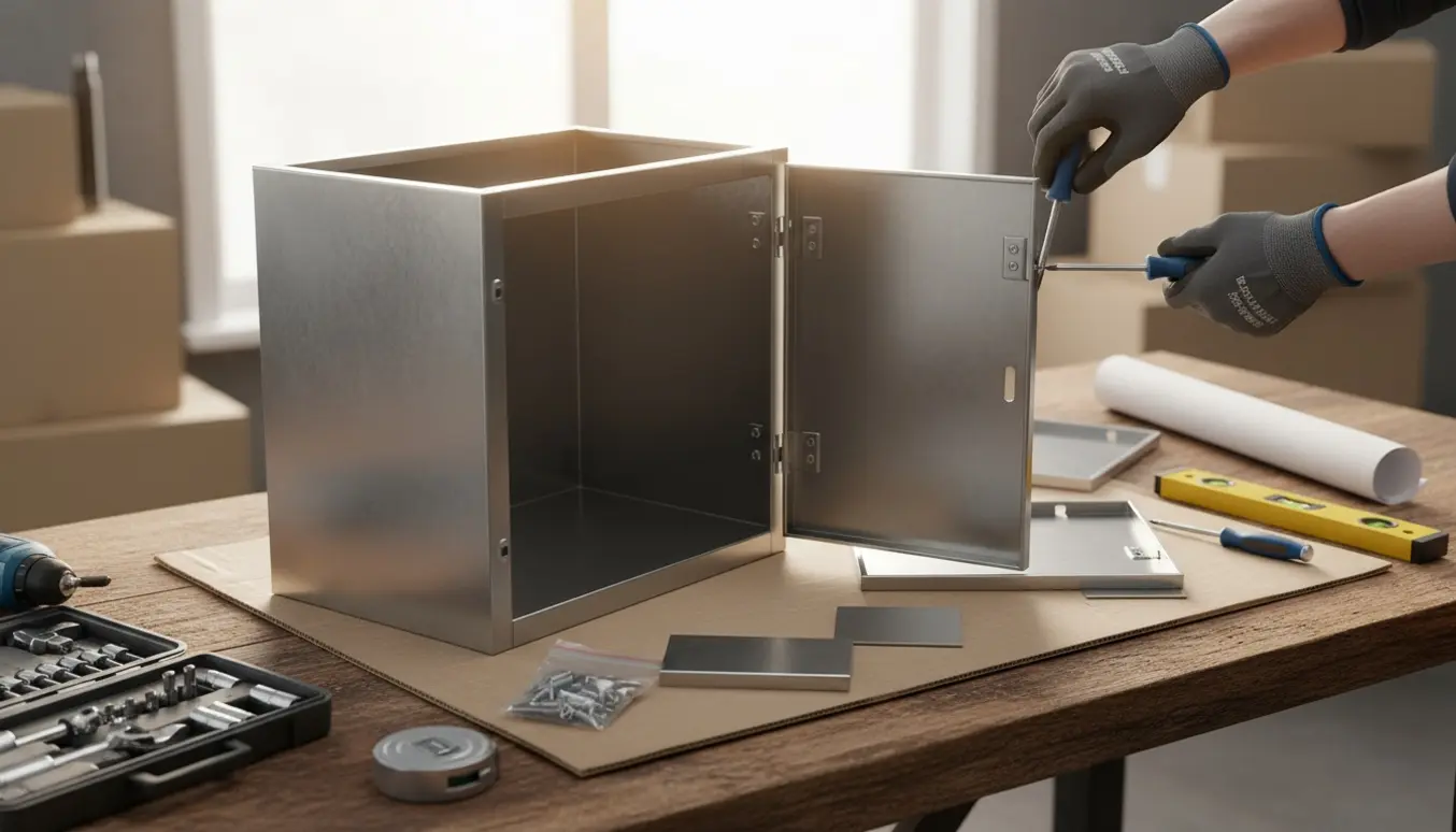 Delvist samlet stålskab på en garagebænk med værktøj og handsker, klar til montering.