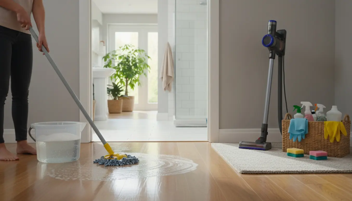 En person gør rent i en lys bolig med moppe, støvsuger og rengøringskurv.