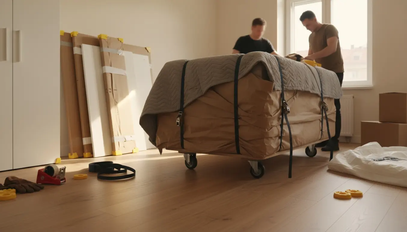 Indpakket sengestel på møbeldolly og adskilt indbygget skab stablet i et lyst værelse klar til flytning.