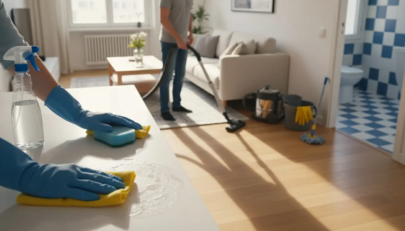 Hænder rengør køkkenbord i en lys og ryddelig lejlighed med rengøringsudstyr i baggrunden.