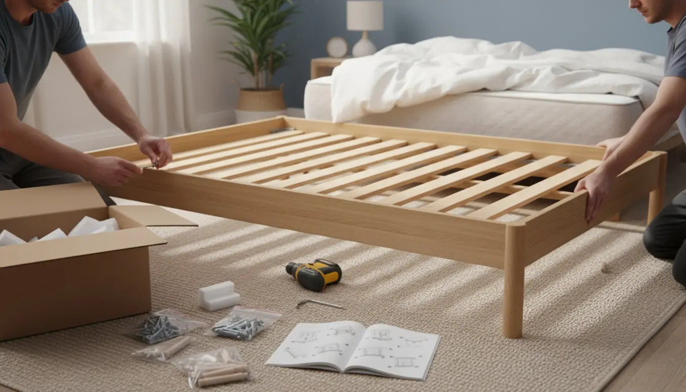 To hænder samler en seng fra fladpakke i et lyst, ryddeligt soveværelse.