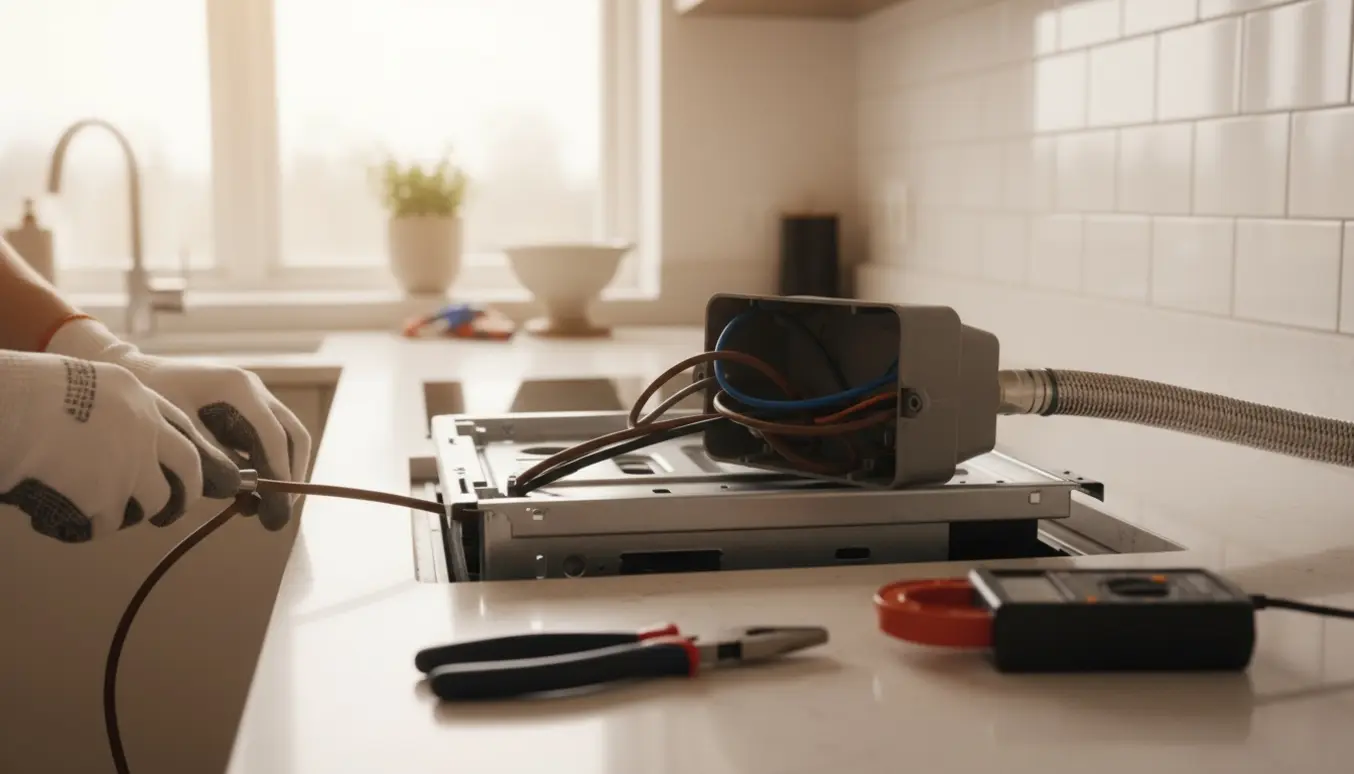 Elektiker forbinder en indbygget induktionskogeplade med farvekodede ledninger og værktøj i et moderne køkken.