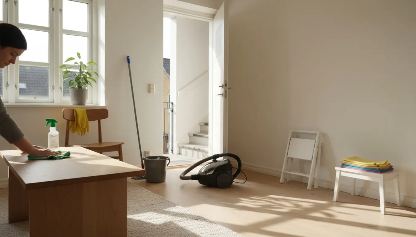 Soloplyst lejlighed i Aarhus med rengøringsredskaber og hænder, der pudser et bord.