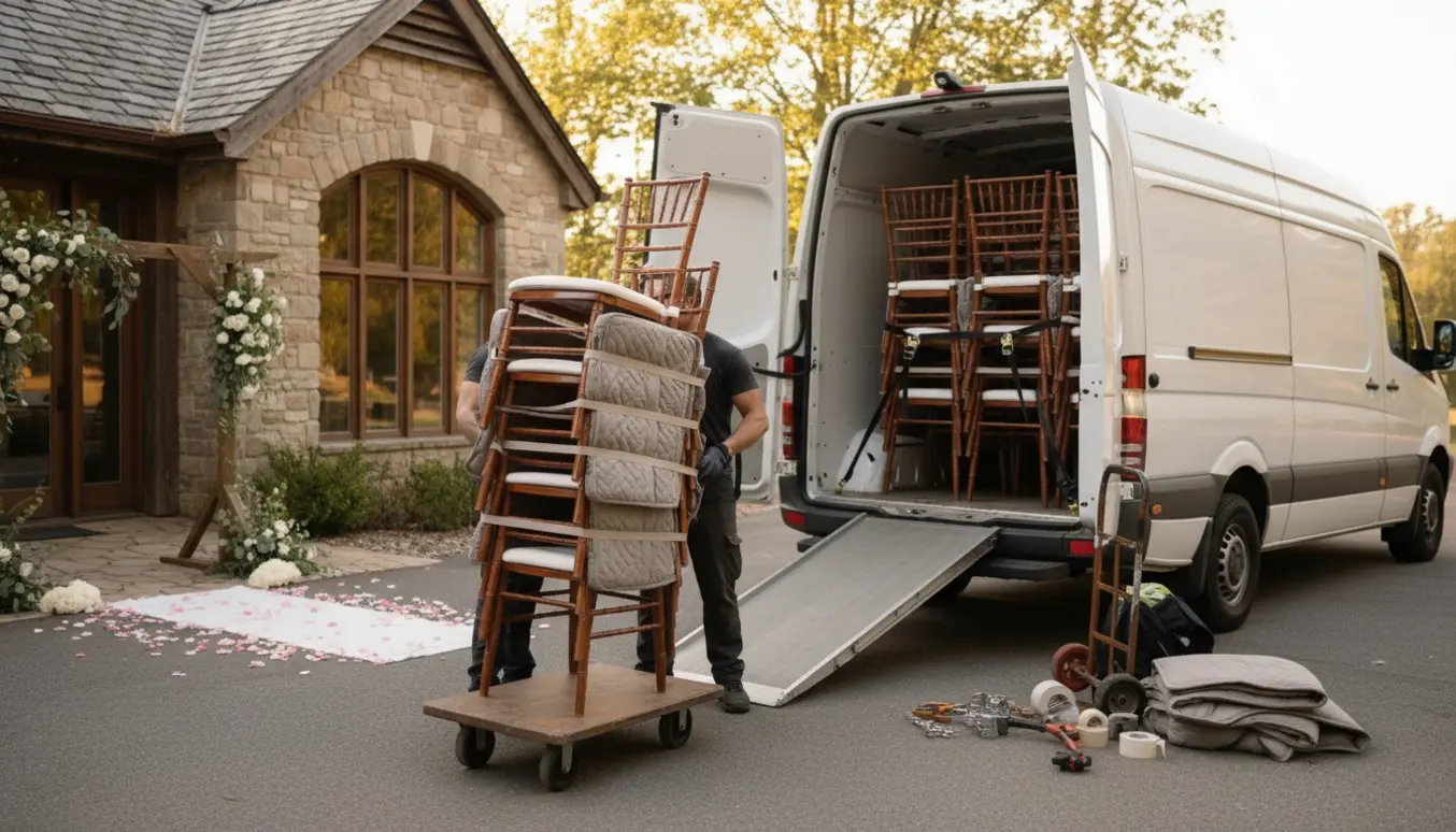 Arbejdere læsser elegante træstole fra en bryllupslokation ind i en varevogn, ansigter ikke synlige.