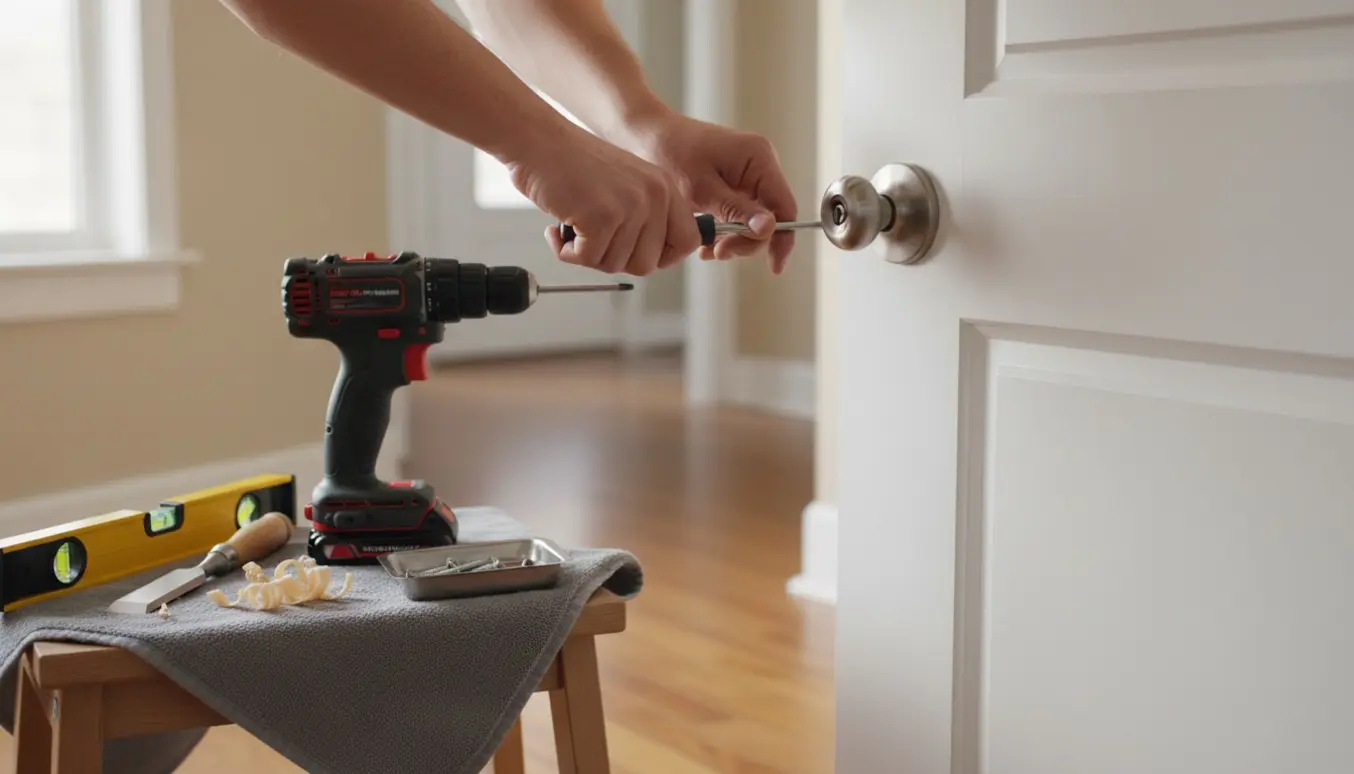 Hænder spænder et løst dørhåndtag i en lys gang med værktøj og træspåner ved siden af.