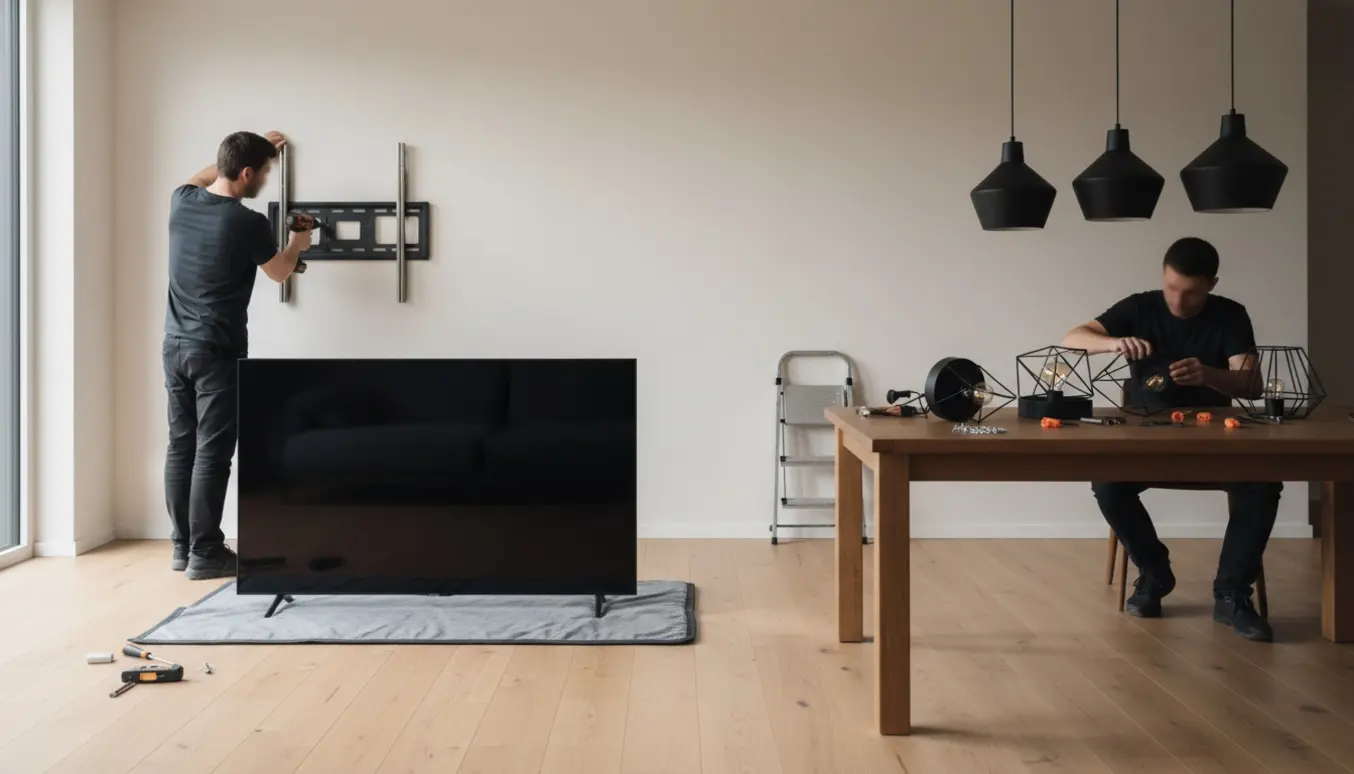 Installatører monterer et stort væg-tv mens pendellamper forberedes i en lys stue.