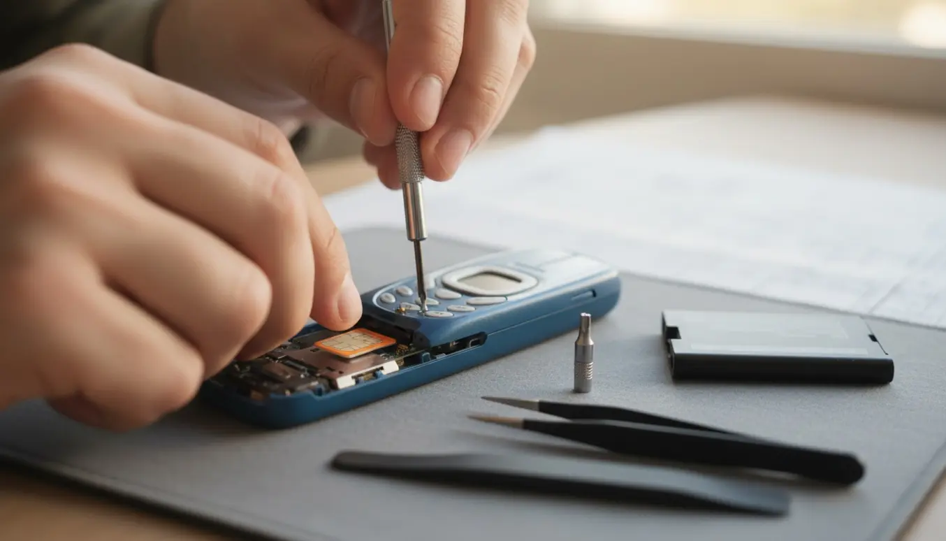 Nærbillede af hænder, der bruger en lille stjerneskruetrækker til at åbne bagsiden af en candybar-telefon og få et SIM-kort ud.