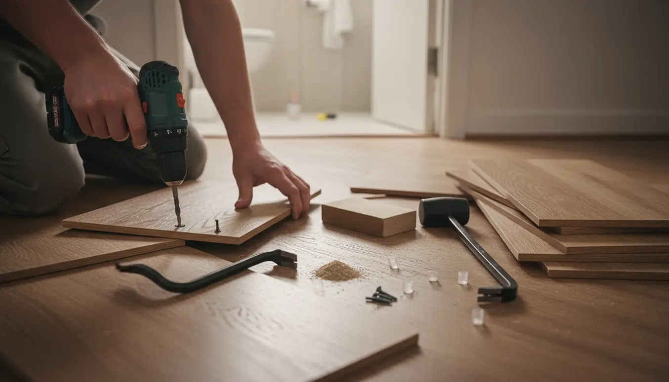 Hænder fjerner en skrue fra en parketplanke på et repos med værktøj og en stak reserveplanker klar til montering.