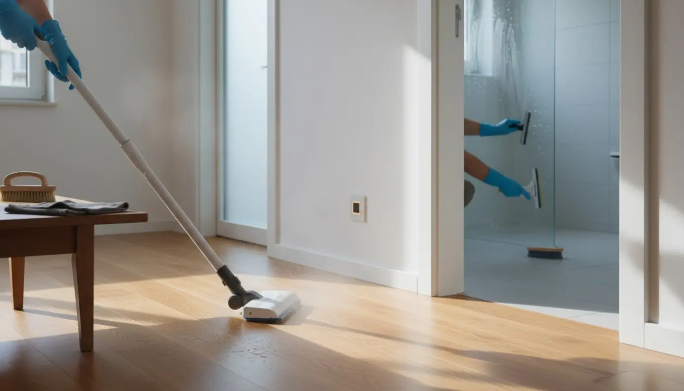 Hænder støvsuger og vasker gulv i en lys stue med rengøring af badeværelse i baggrunden.