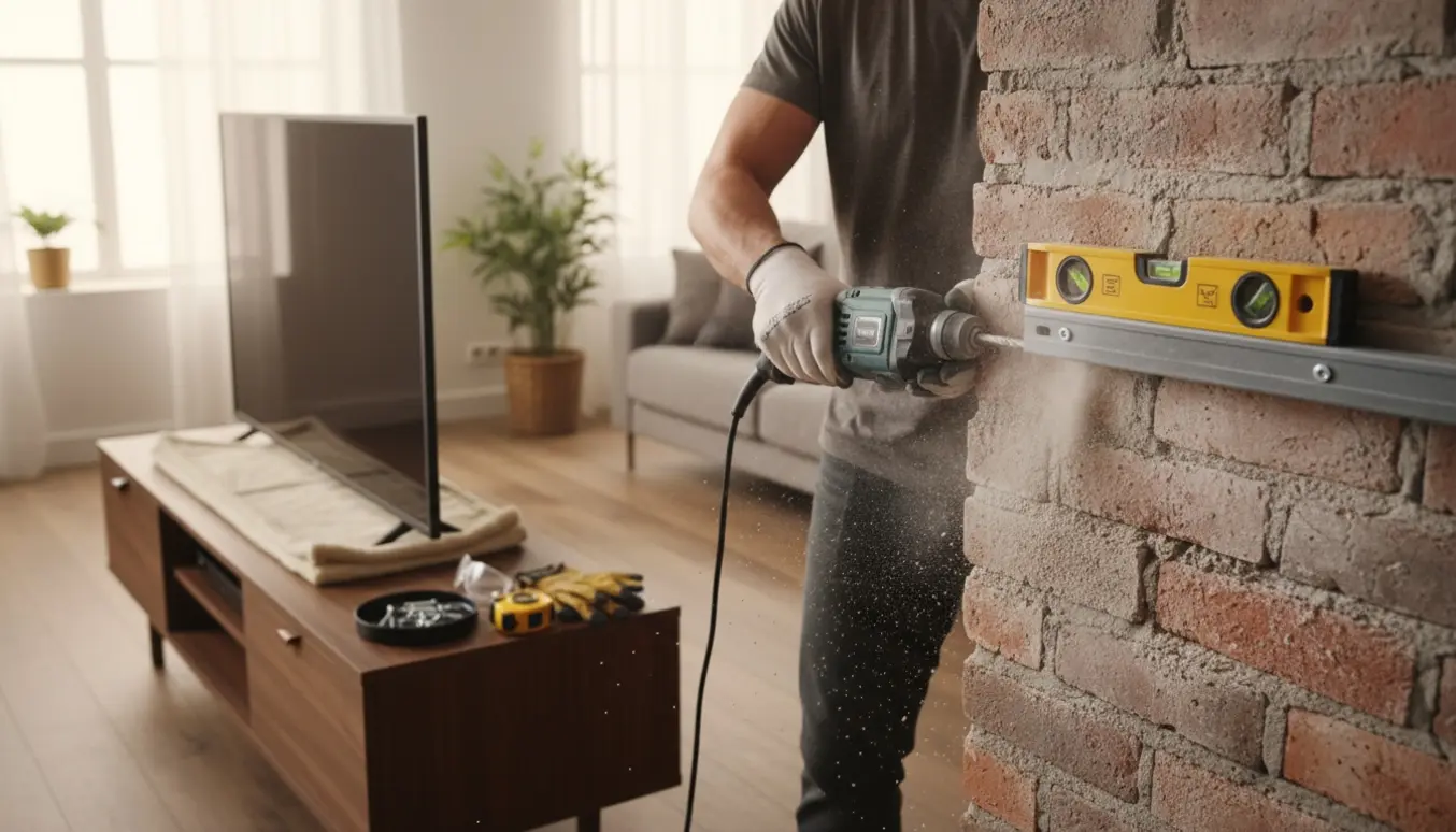 En hånd fører en slagboremaskine og borer i en murstensvæg mens et tv-vægbeslag og skruer ligger klar.