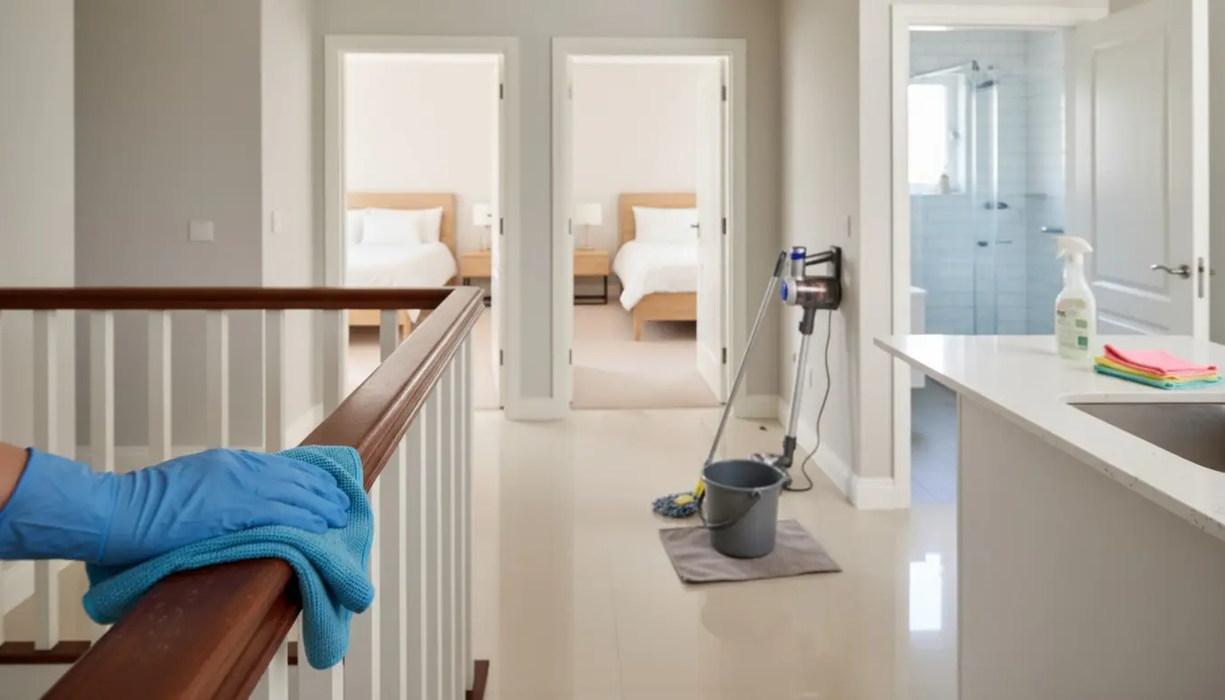 Nærbillede af rengøring i tom ejerlejlighed med klud på håndliste, moppe og rengøringsmidler.