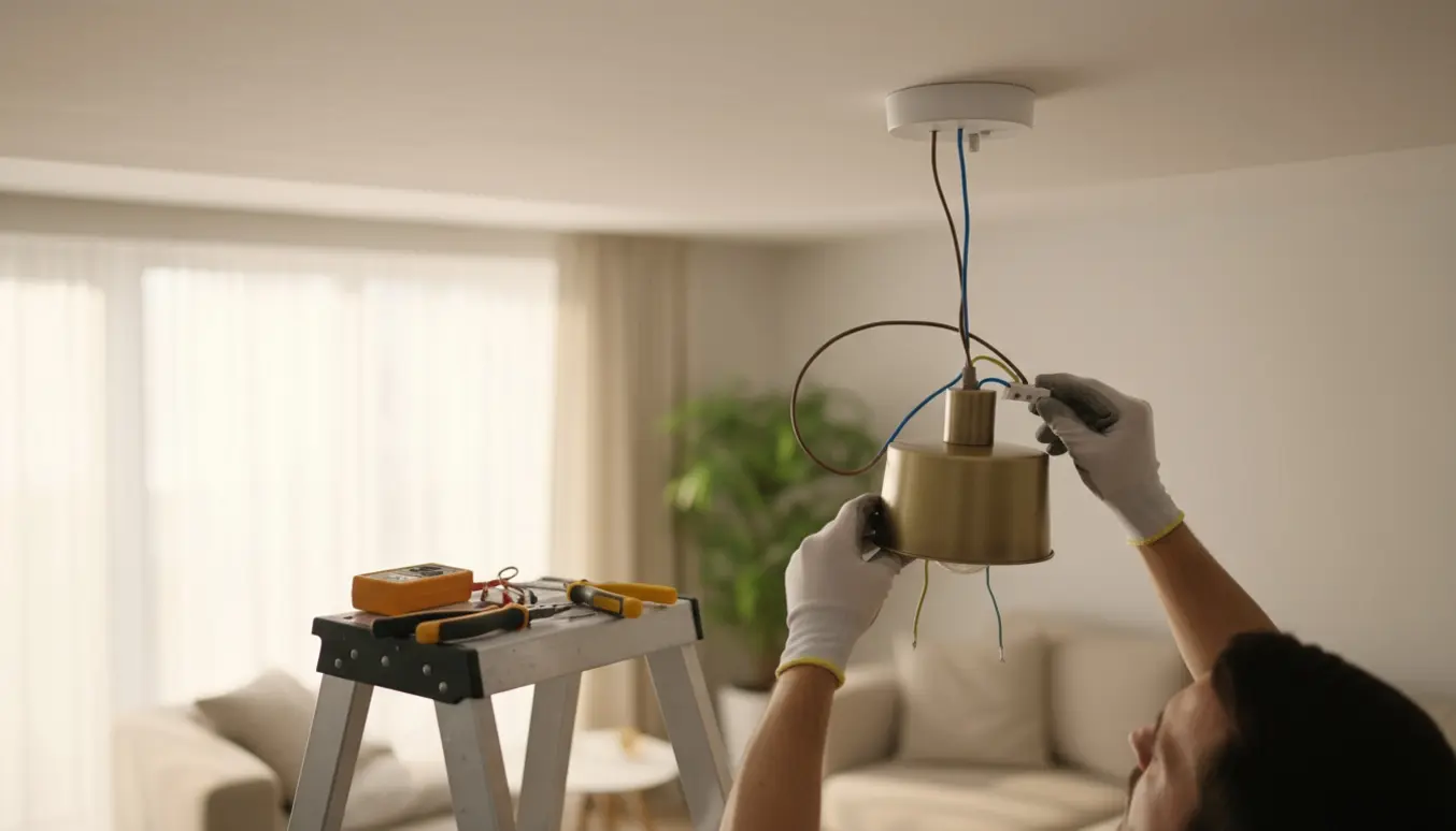 Hænder på en stige monterer en ny loftlampe med synlige ledninger og værktøj i et lyst stueinteriør.