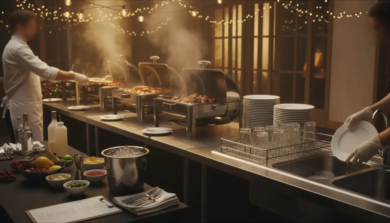 Personer i arbejdstøj forbereder buffet, opvask og simple drinks til en julefrokost.