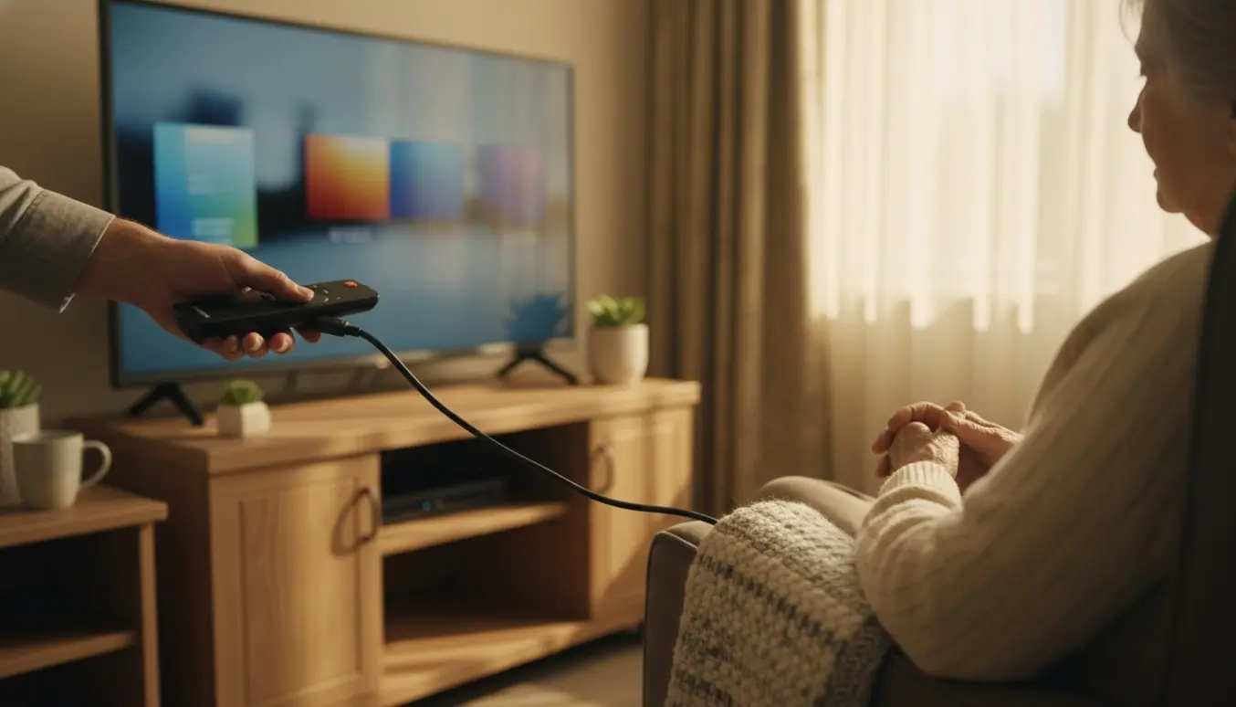 Tekniker indstiller tv-kanaler i et hyggeligt plejehjemsværelse med fjernbetjening og set-top-boks.