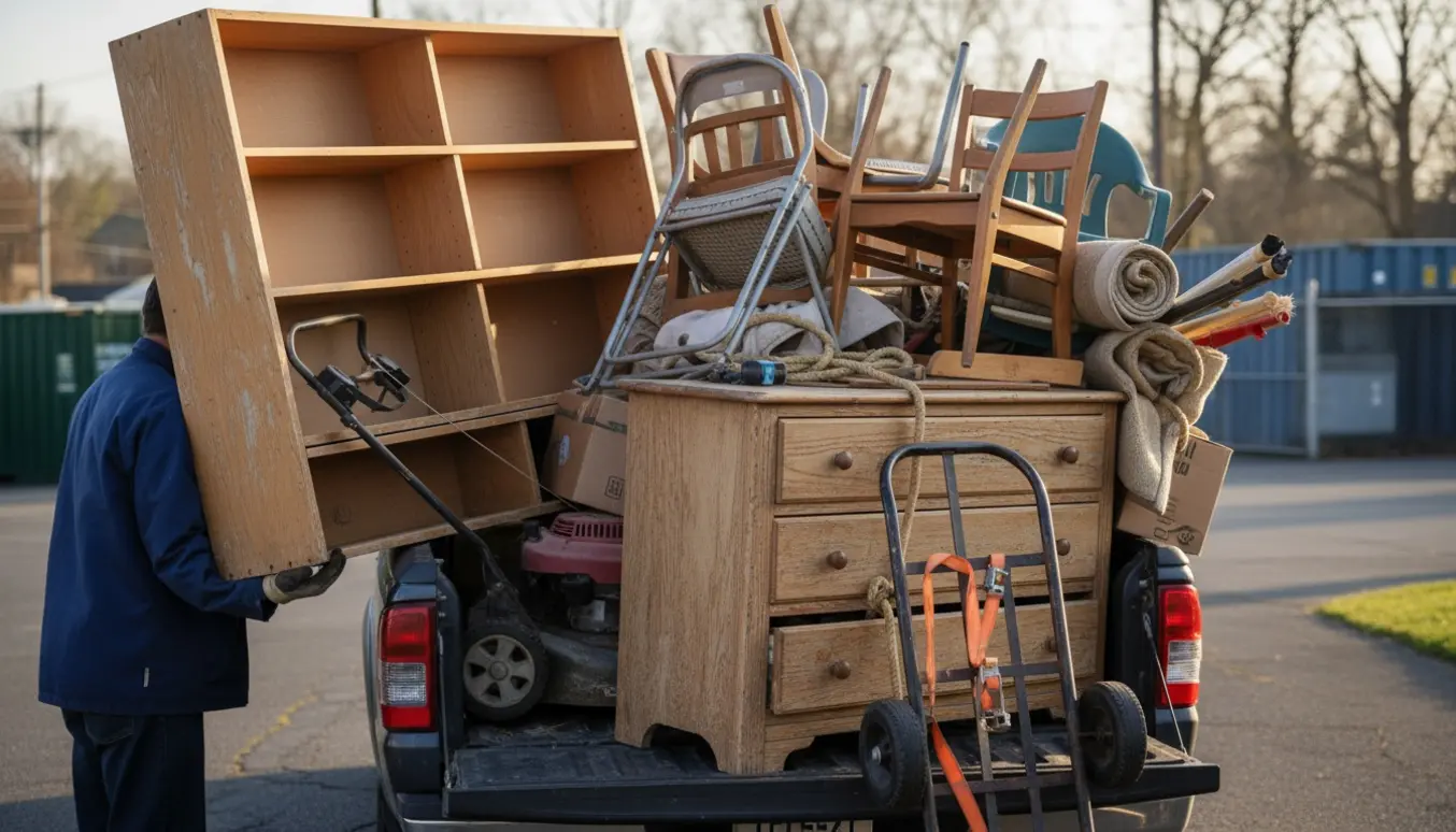 Lastbil læsses med kommode, reol, græsslåmaskine og stole klar til aflevering på lossepladsen.