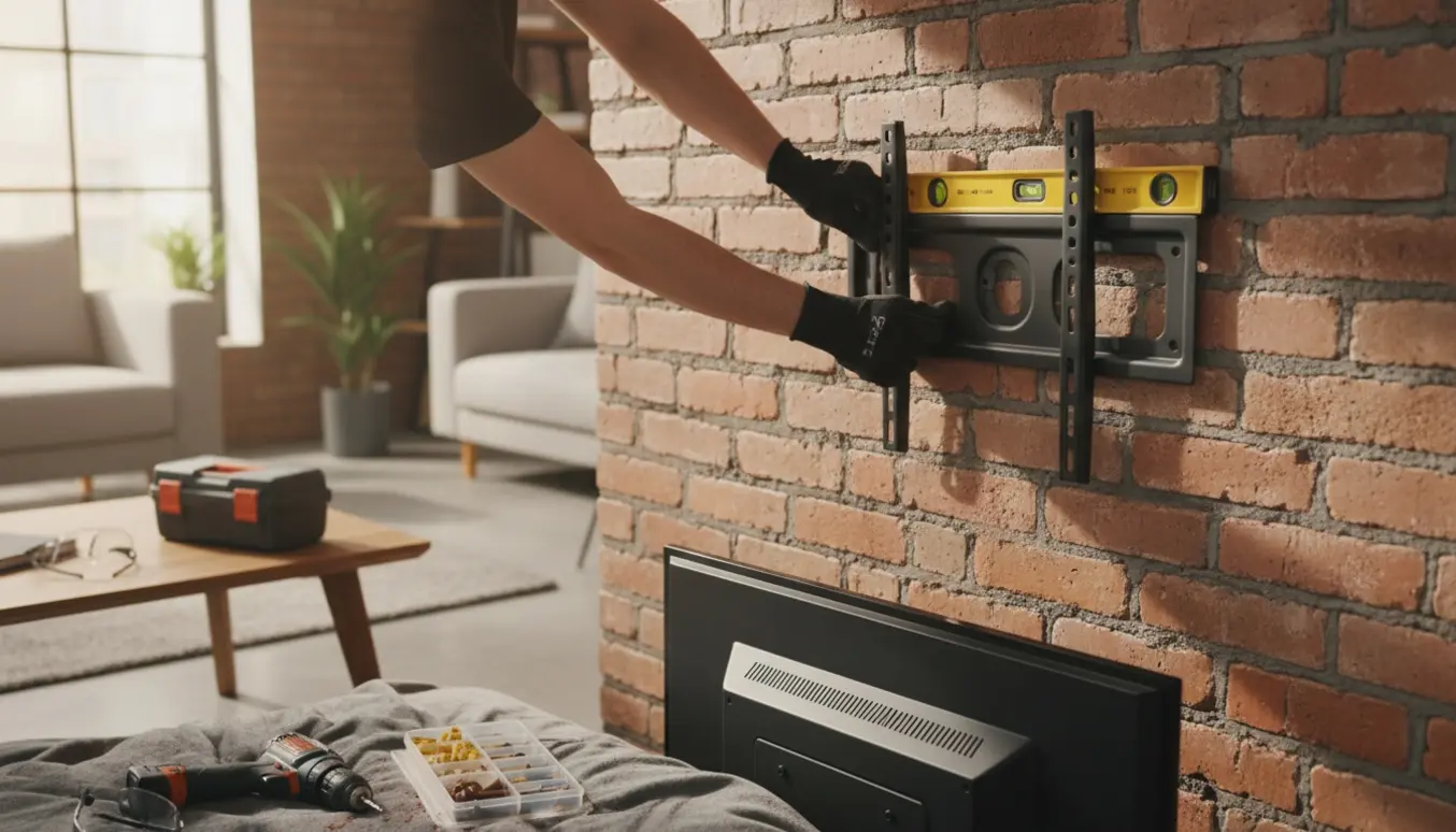 Ophængning af 80 cm TV på murstensvæg med monteringsbeslag og værktøj, uden tydelige ansigter.