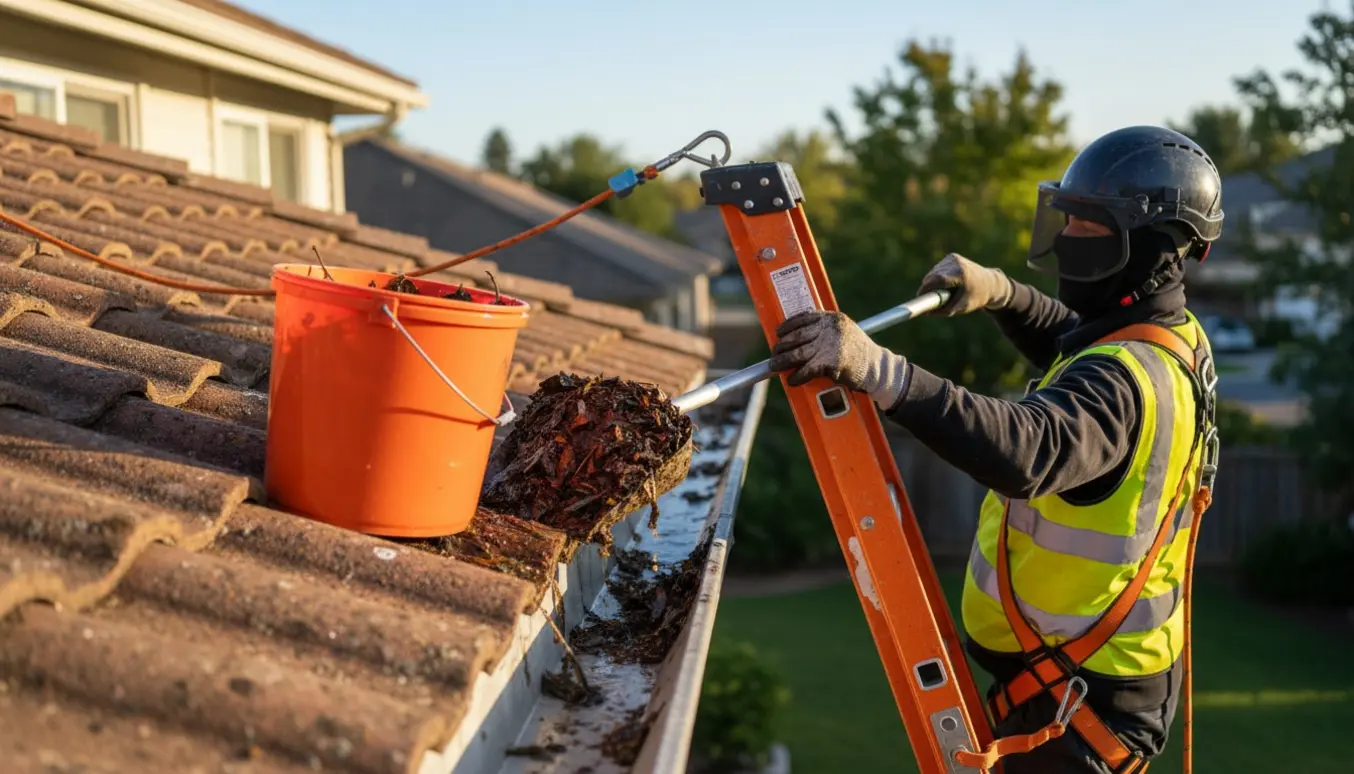 En arbejder i handsker renser tagrenden med en forlængerstang og en spand løv på et to-etagers hus.