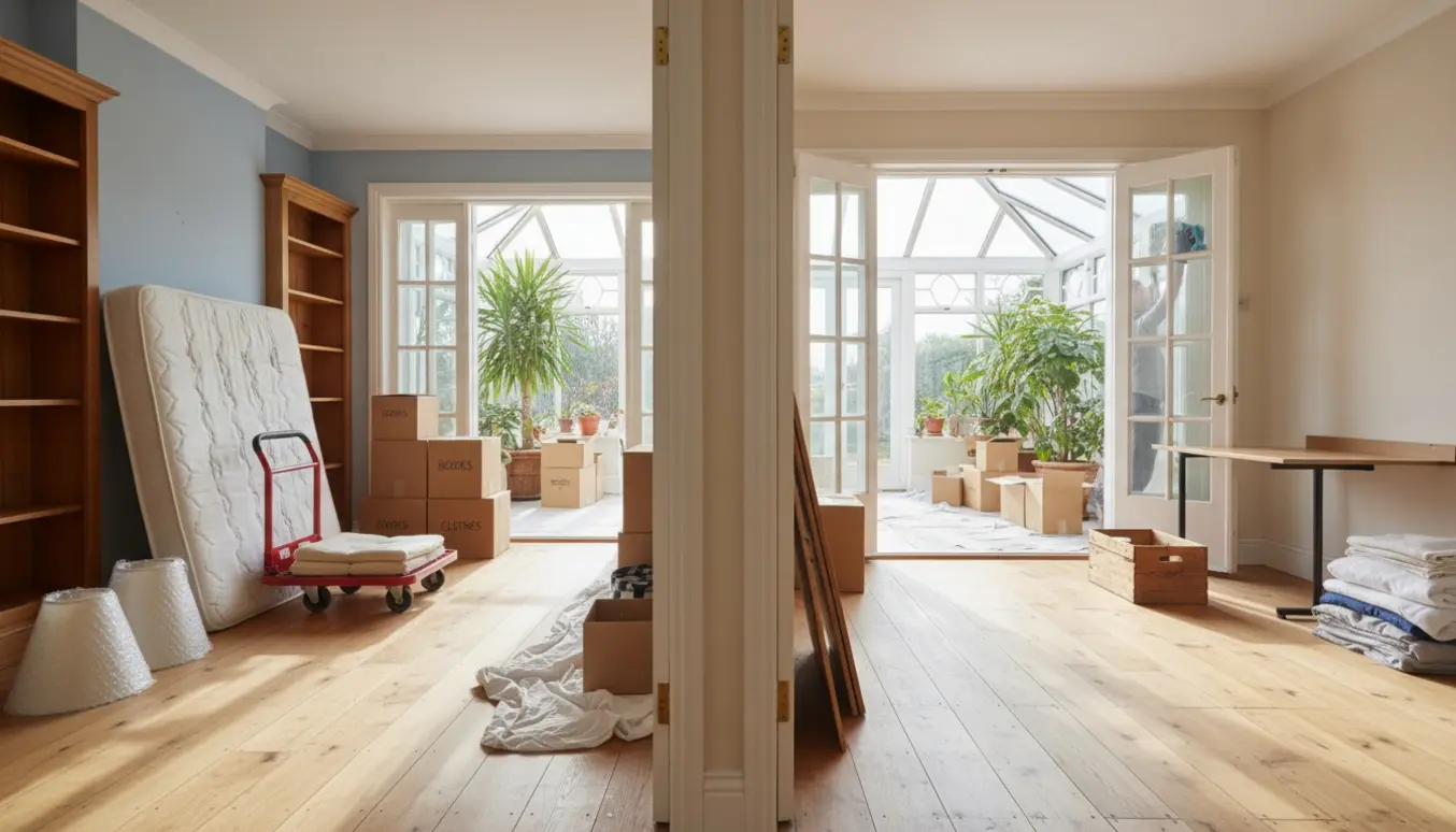 Sollys i udestue med flyttekasser og to værelser forberedt til renovering.