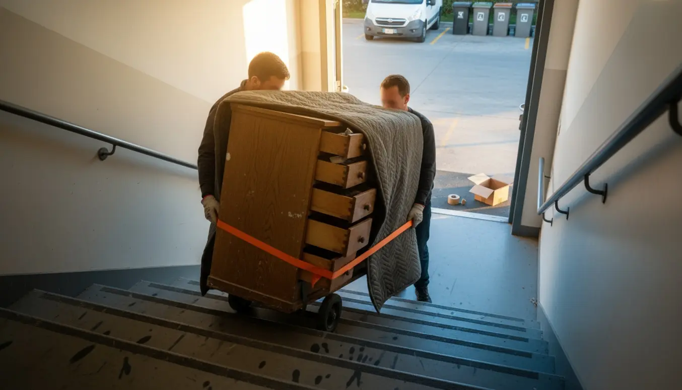 Et træskab på en flyttedolly bæres ned ad trappen mod en varevogn ved genbrugsstationen.