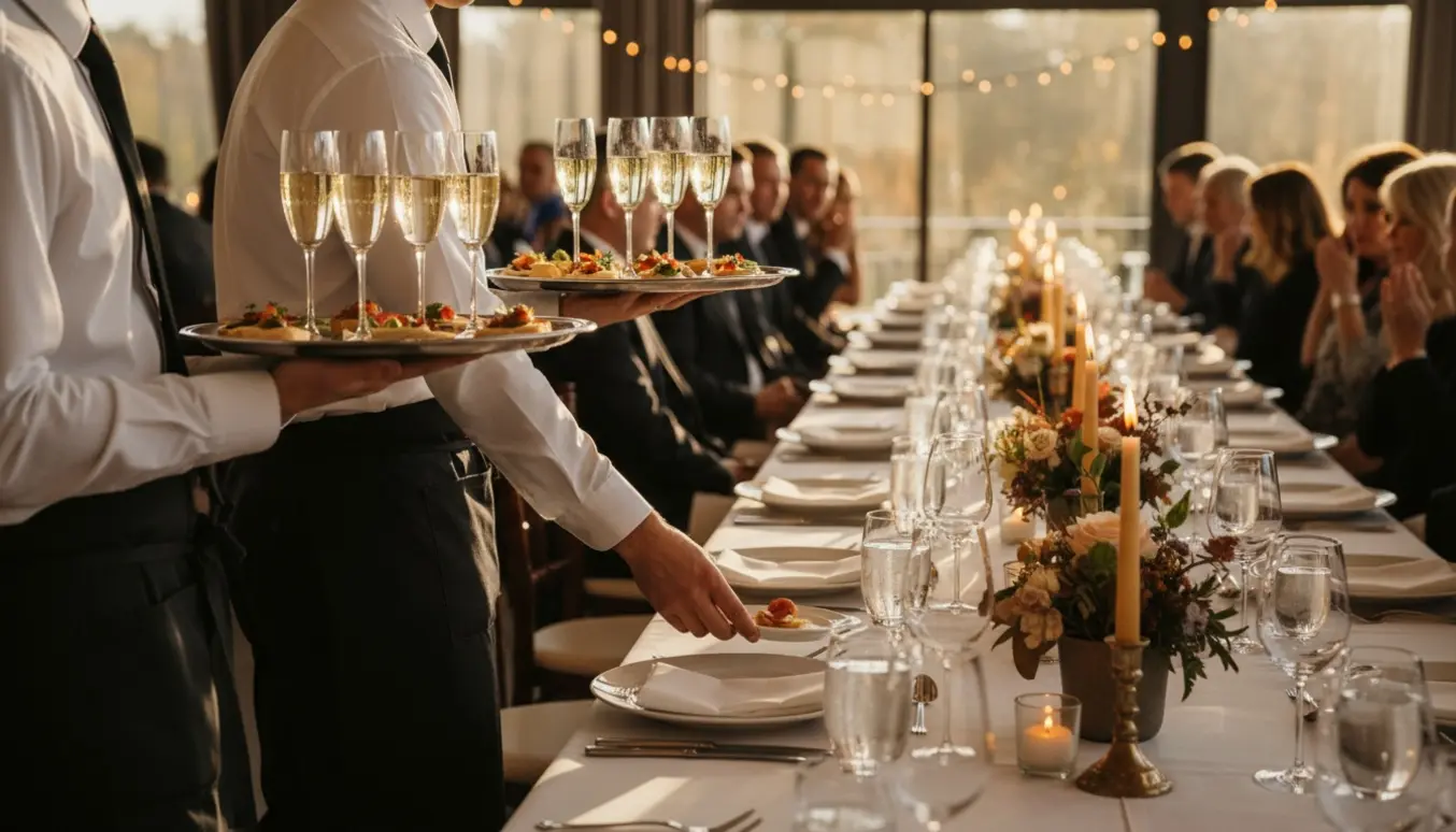 Serveringspersonale dækker og serverer drinks og middag ved et bryllup med et langt dækket bord til omkring 80 gæster.