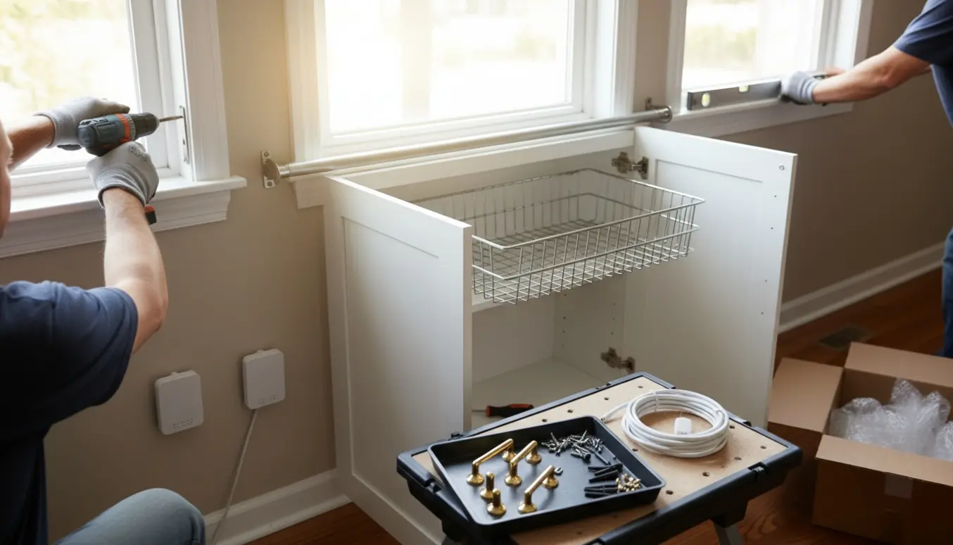Hænder monterer persienner og gardinstang i et nymalet hjem med værktøj og reservedele klar.