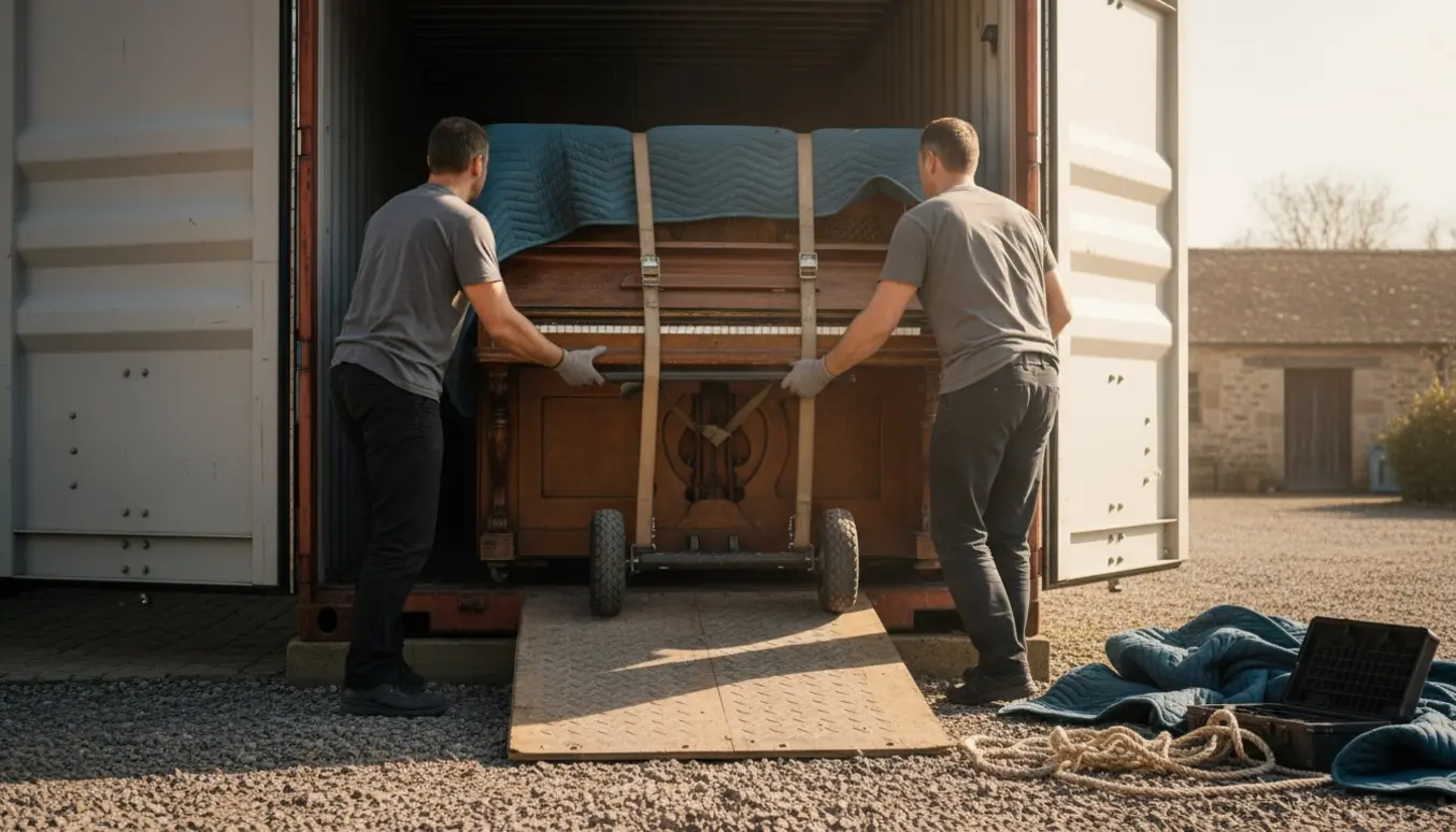 Klaver læsses fra stuehuset og ind i en åben container på gårdspladsen.