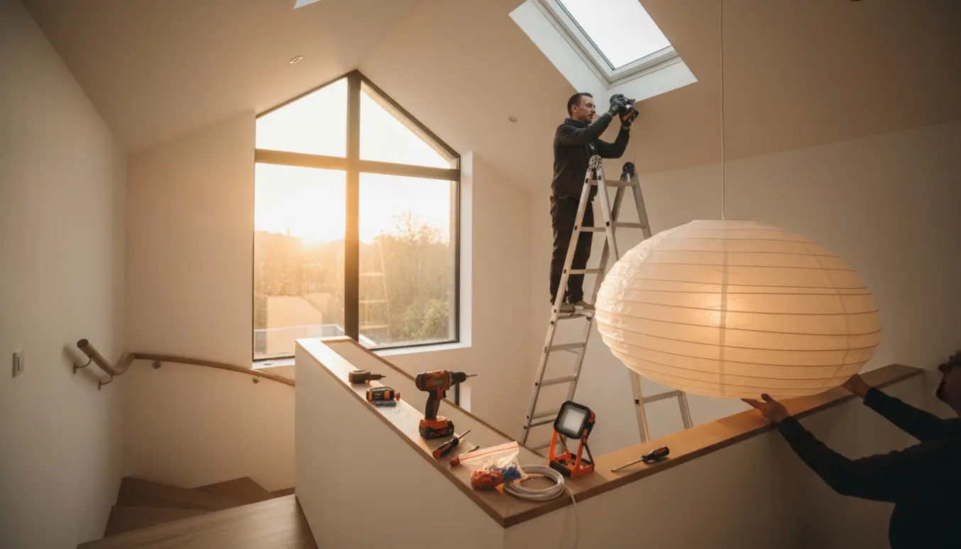 To personer monterer en rund rispapirlampe i loftet over en trappe, uden synlige ansigter.