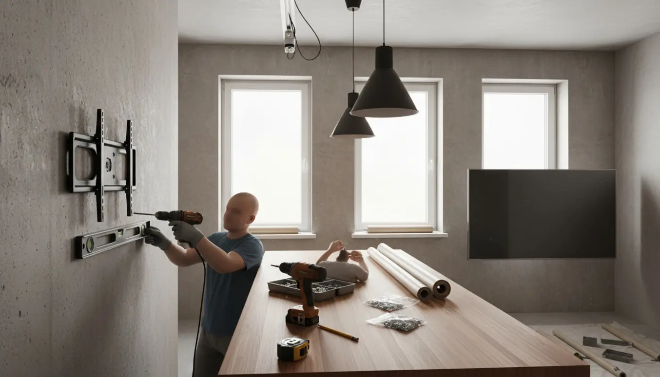 Håndværker monterer tv, rullgardiner og lampe over en køkkenø med betonvæg og værktøj.