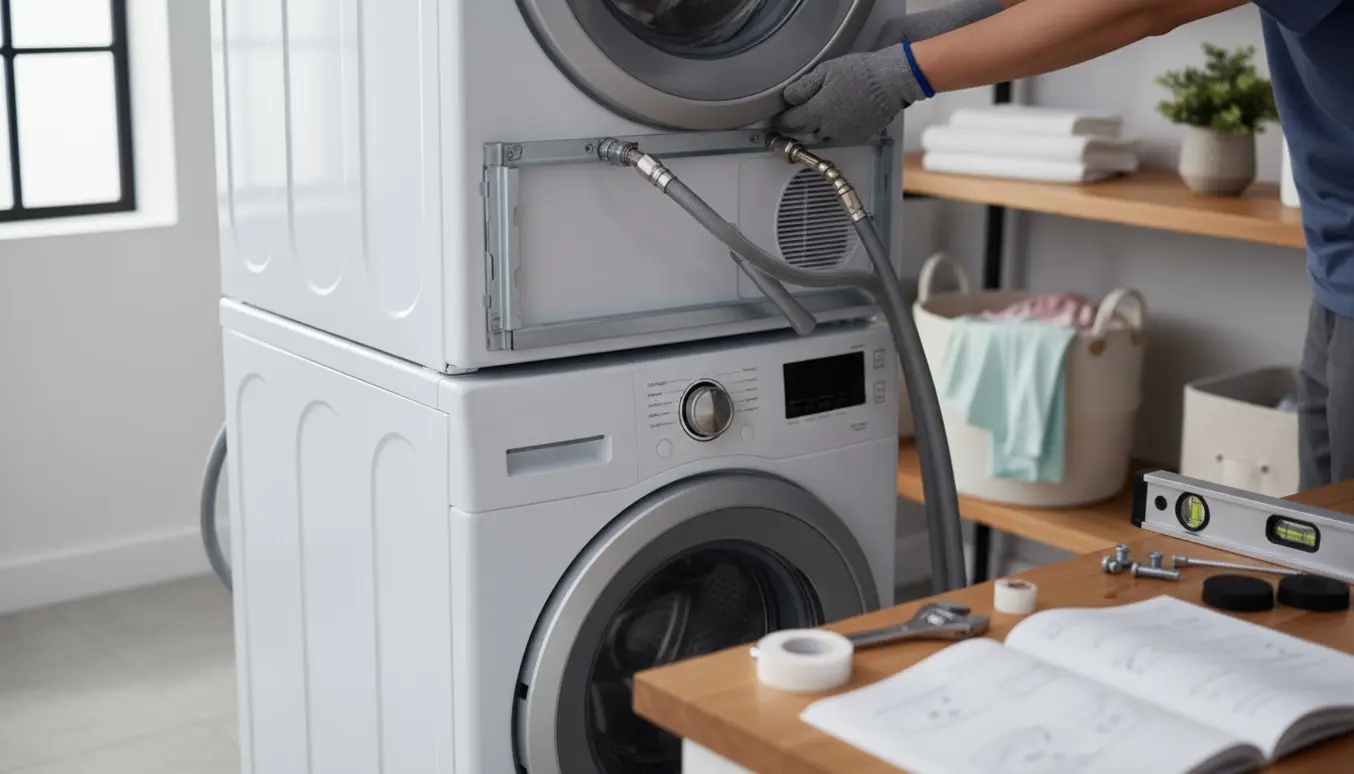 En tekniker tilslutter vand- og afløbsslanger på en ny vaskemaskine og tørretumbler stablet som en vaskesøjle i et lyst bryggers.