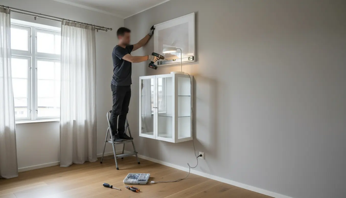 Montage af vitrineskab, ophængning af stort billede, tilslutning af lampe og opsætning af to gardinstænger i en lys stue.