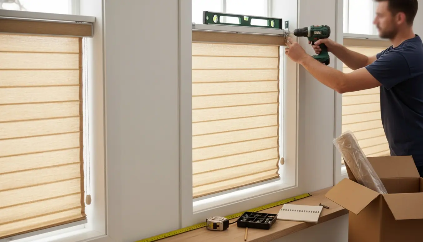 Tre ens persienner monteres ved tre vinduer med værktøj og en hånd, der bruger en boremaskine.
